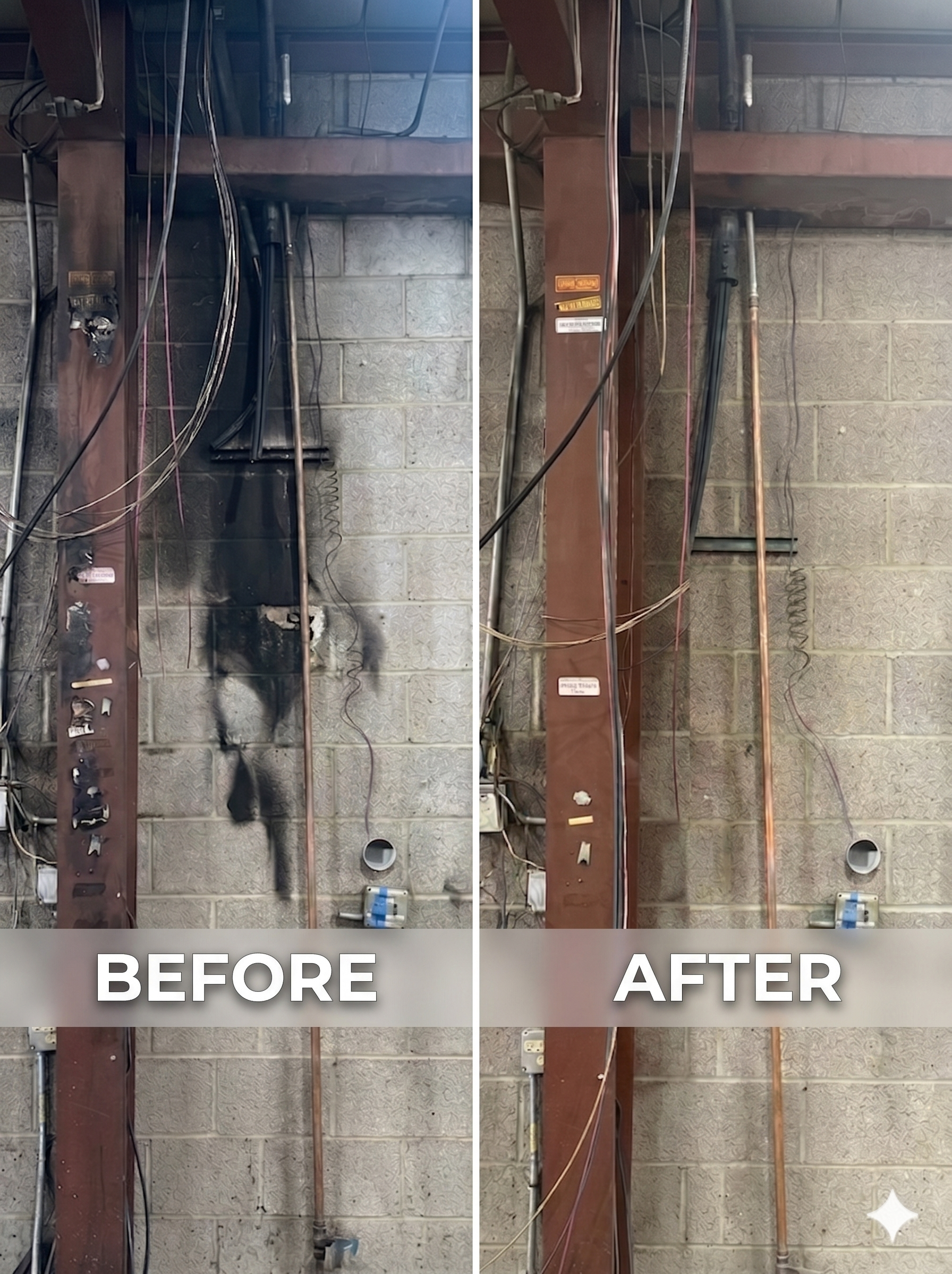 Soot-blackened brickwork after fire damage — dry ice blasting restoration