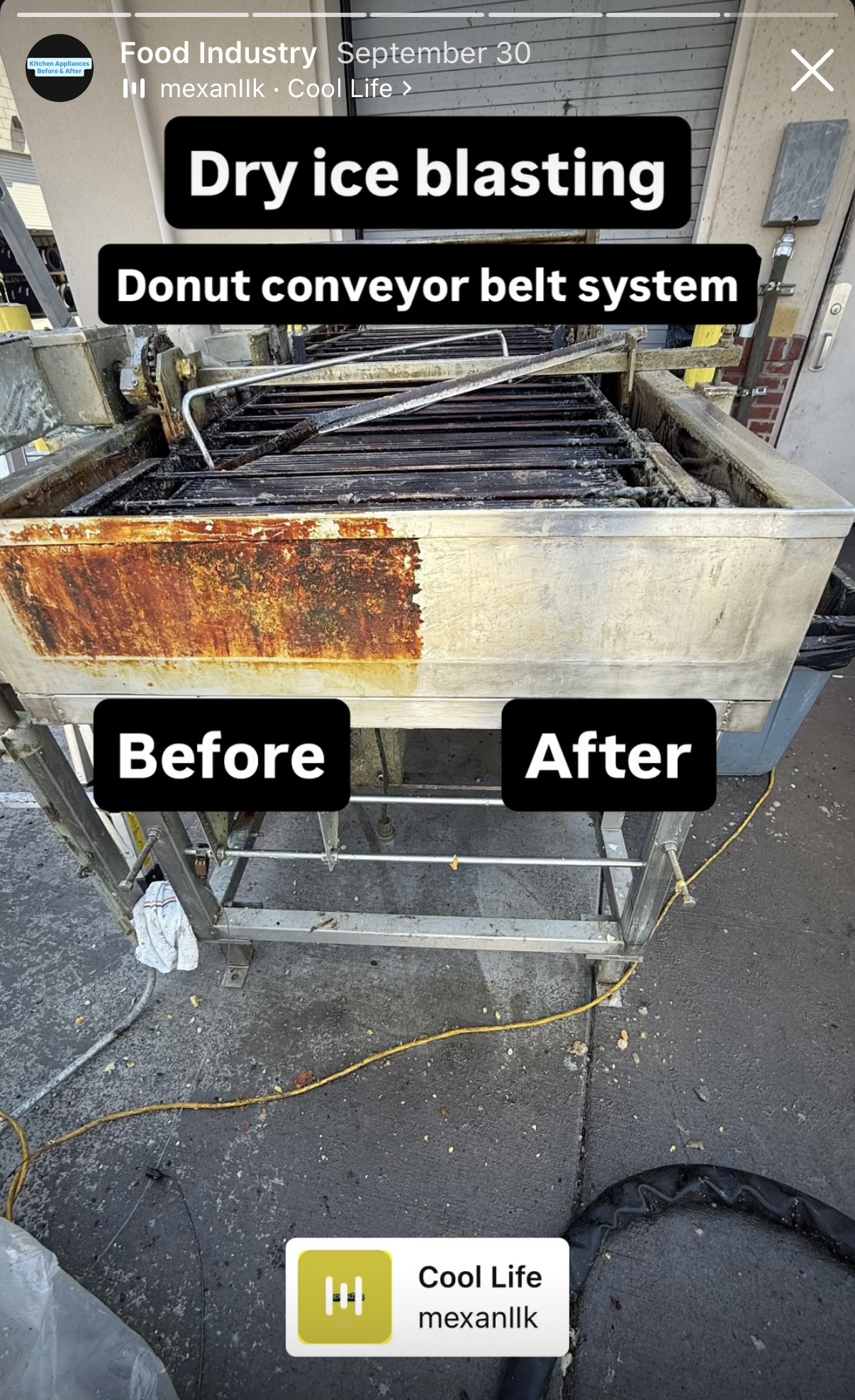 Donut conveyor belt dry ice blasting before after — rust and grease removed