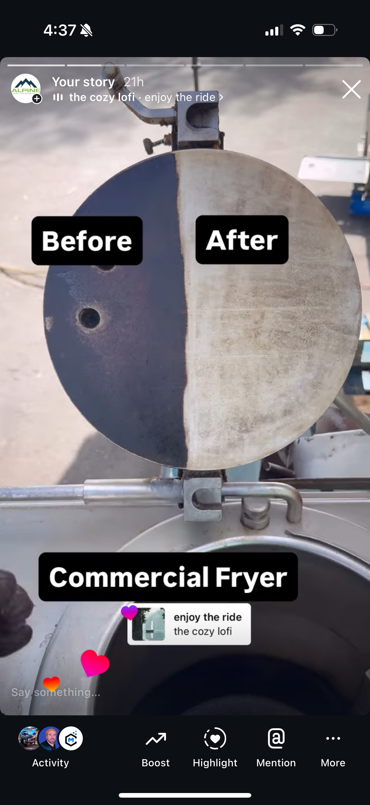 Commercial fryer disc dry ice blasting before after — bare metal clean