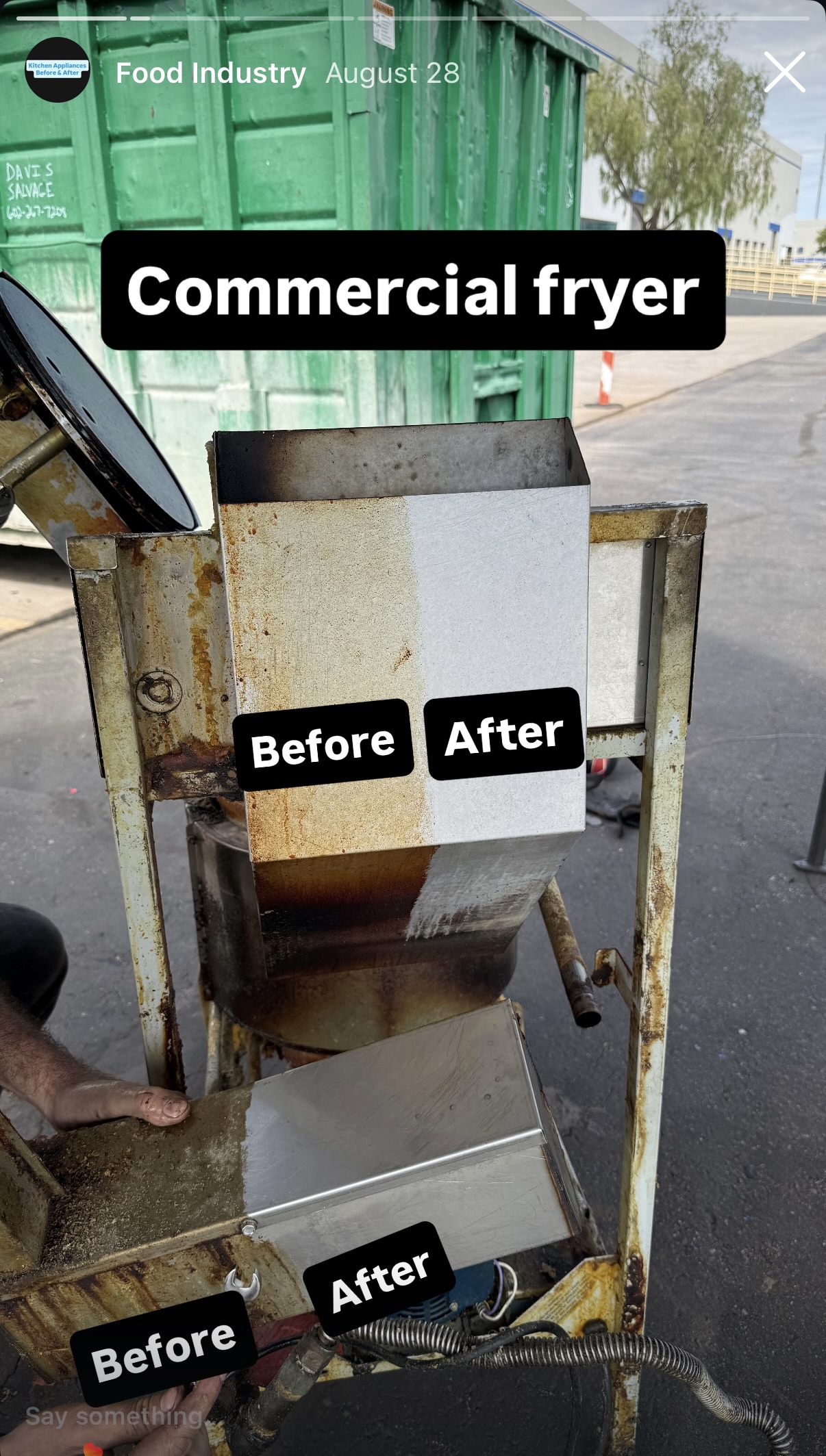 Commercial fryer dry ice blasting before after — grease and carbon removed